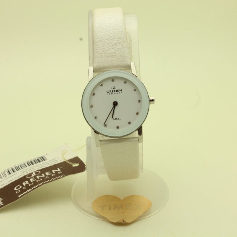 Discontinued Line Grenen Denmark White Swarvoski Crystal Leather Women's Watch